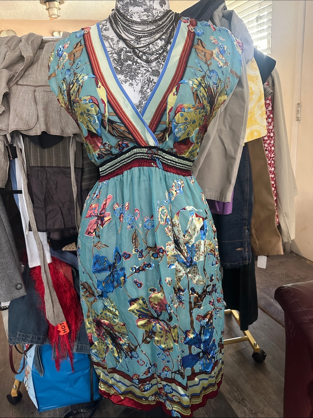 Hale Bob Teal Floral V-Neck Dress with Multicolor Trim